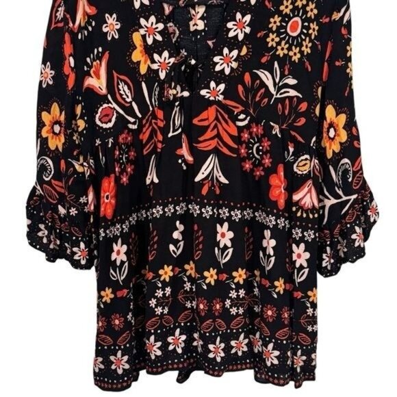 Easel Black and Floral V-Neck Babydoll Ruffle Blouse Boho Peasant Fall Holiday L - Picture 4 of 11